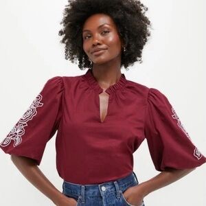 Chic Burgundy Blouse with Embroidered Sleeves